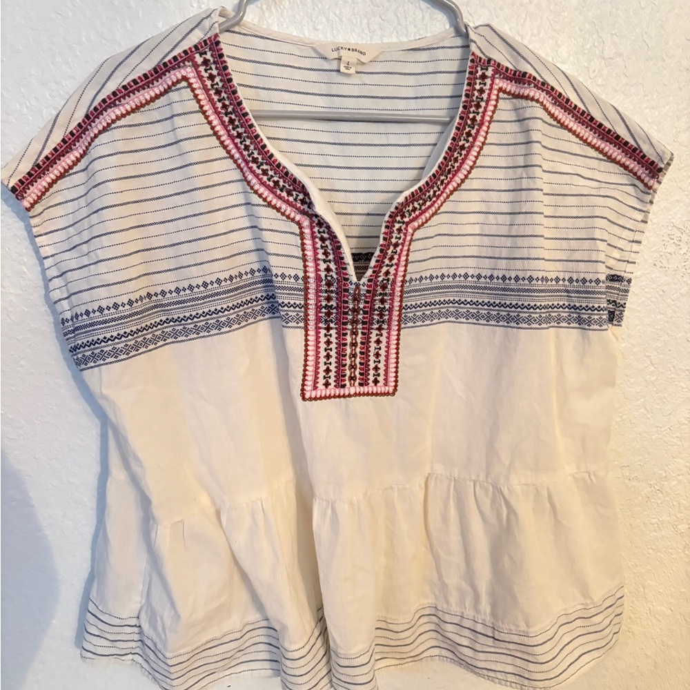 Lucky Brand Cream Top with Red and Blue Stitching